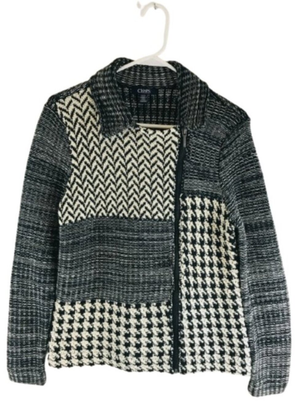 Chaps Main Cabin asymmetric zip knit patchwork sweater jacket women's size M